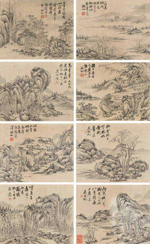 吴湖帆（1894～1968） 山水 （八帧） 屏风 水墨纸本