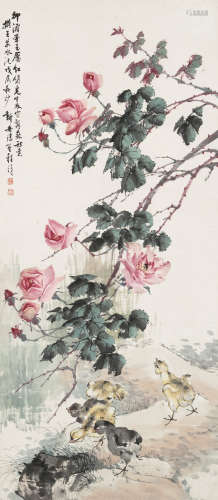 程璋（1869～1938） 牡丹雏鸡 立轴 设色纸本