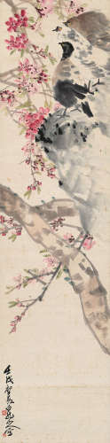 王震（1867～1938） 1922年作 桃鸠图 立轴 设色纸本