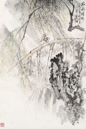 潘韵（1905～1985） 1980年作 风雨归村 立轴 设色纸本