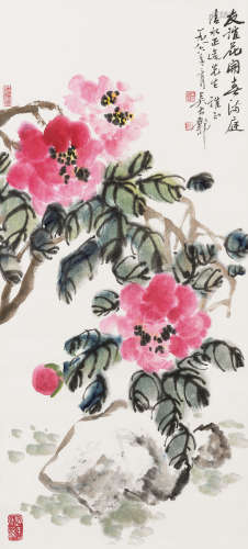 吴长邺（1920～2009） 1986年作 友谊花开喜满庭 立轴 设色纸本