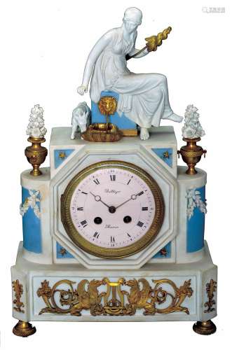 A FRENCH MANTEL CLOCK, MADE OF PORCELAIN BISCUIT