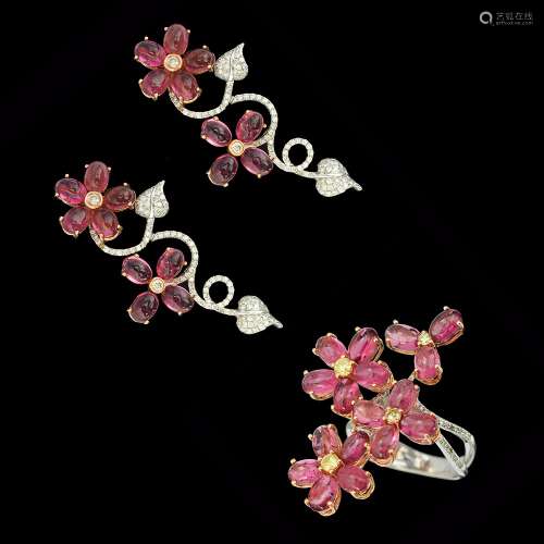 AN 18K WHITE AND PINK GOLD EARRINGS AND RING SET