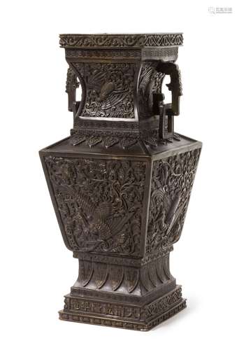 A Bronze 'Phoenix and Peony' Square Vase