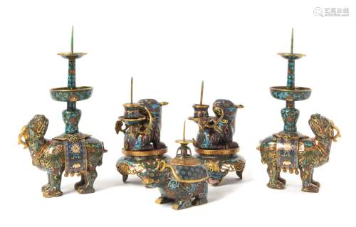 Five Cloisonne Enamel Candlesticks