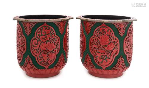 A Pair of Carved Red Lacquered Cachepots