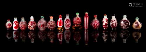 Fifteen Red Overlay Peking Glass Snuff Bottles