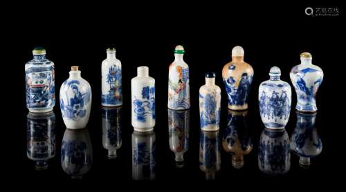 Nine Blue and White and Famille Rose Porcelain Snuff Bottles