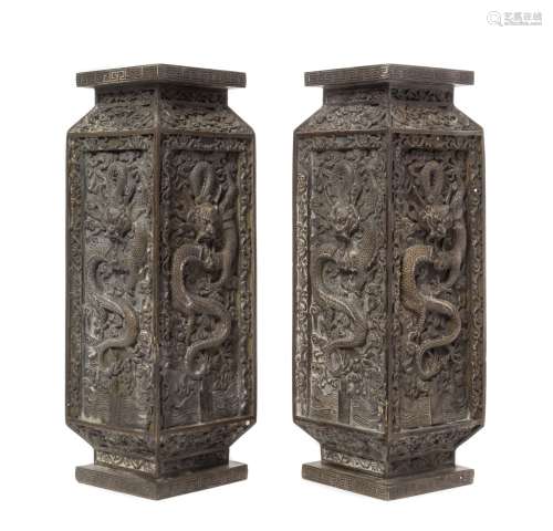 A Pair of Bronze 'Dragon' Square Vases