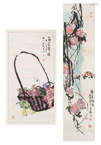 Two Ink and Color Paintings on Paper Scrolls