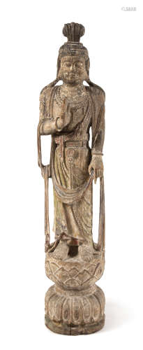 A Painted Carved Wood Figure of Guanyin