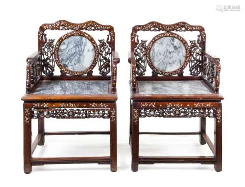 A Pair of Chinese Export Mother-of-Pearl Inlaid Hongmu Chairs