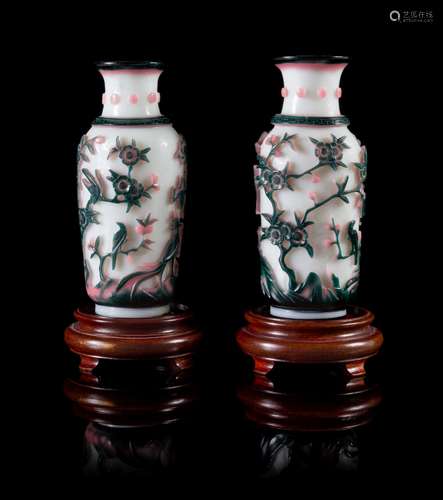 A Pair of Pink and Green Overlay White Peking Glass Vases