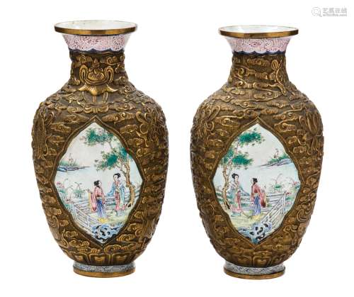 A Pair of Enamel and Repousse Copper Vases