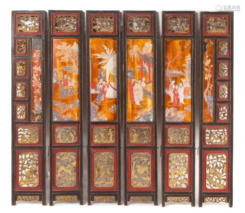A Six-Panel Carved Wood Screen
