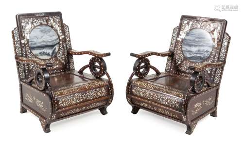 A Pair of Chinese Export Marble Inset Mother-of-Pearl Inlaid Rosewood Armchairs