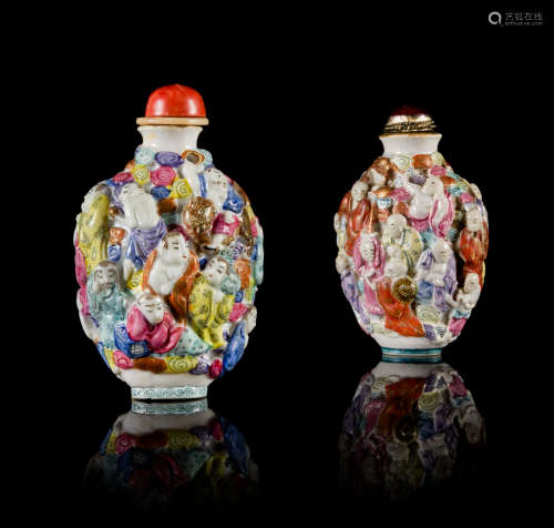 Two Famille Rose Molded Porcelain Snuff Bottles