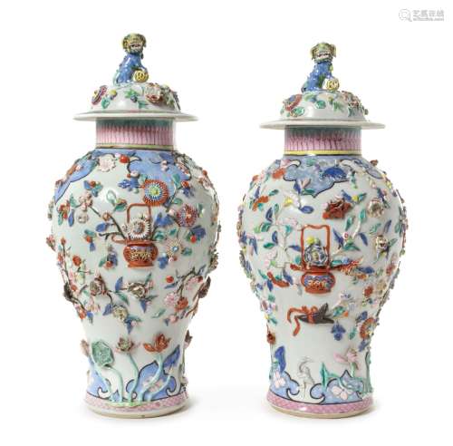 A Pair of Chinese Export Famille Rose Porcelain Covered Vases