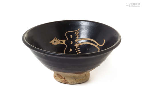 A White Slip Decorated Black Glazed Stoneware Bowl