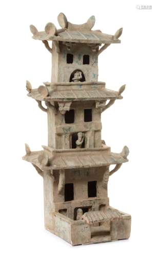 A Green Glazed Pottery Model of a Three-Section Watch Tower
