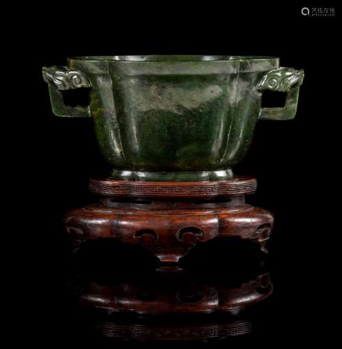 A Spinach Jade Double Handled Cup