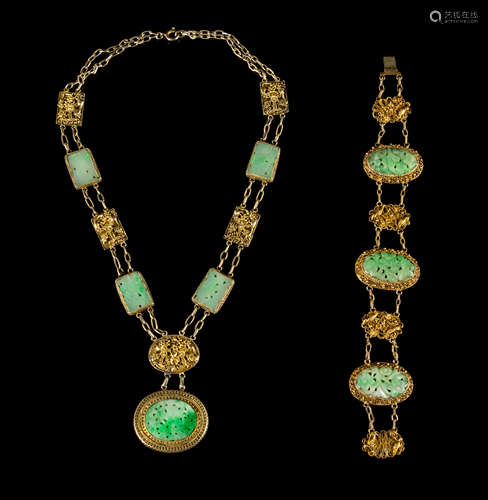 A Jadeite Inset Silver Gilt Necklace and a Bracelet Length of necklace 9 inches.