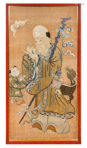 A Chinese Embroidered Silk Panel 66 1/2 x 33 1/4 inches.