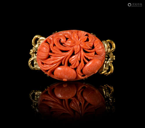 A Coral and 14K Gold Brooch