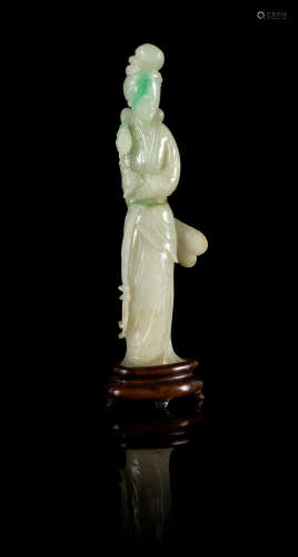 A Carved Apple Green and Celadon Jadeite Figure of a Meiren
