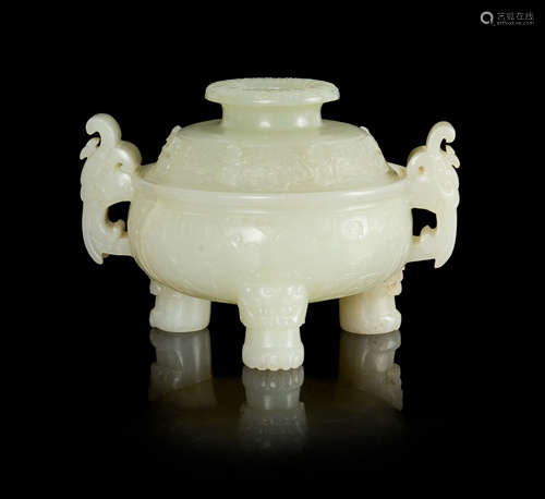 A Carved Jade Tripod Censer and Cover