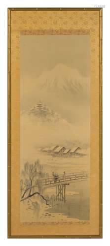 A Japanese Ink and Color Painting on Silk 43 1/2 x 16 inches (image).