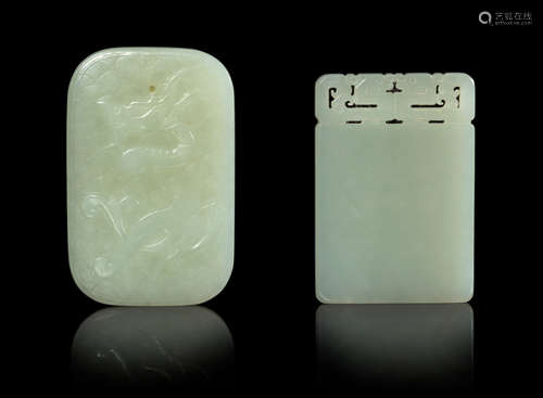 Two Carved Celadon Jade Rectangular Plaques