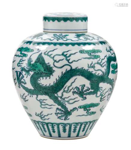 A White Ground Green Decorated Porcelain Covered Jar