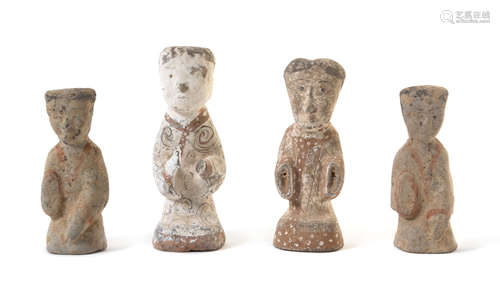 Four Painted Pottery Figures of Attendants