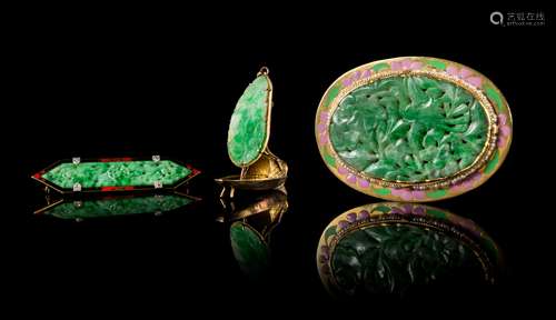 Three Jadeite and Yellow Gold Mounted Articles