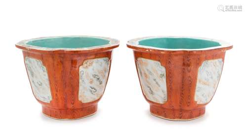 A Pair of Faux Bois Glazed Porcelain Jardinieres