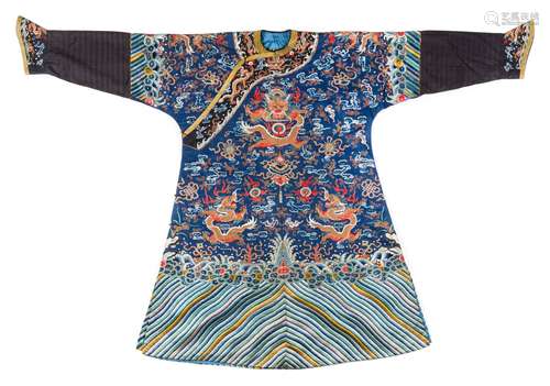 A Chinese Embroidered Silk Dragon Robe Height collar to hem 53 1/2 inches.