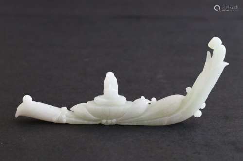 Natural Jadeite Ship Shaped Incense Holder Carved with Two Buddha(131g)L:15cm W:8cm
