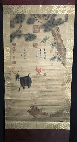 Chinese Painting of Three Goats and Pine Tree Marked 