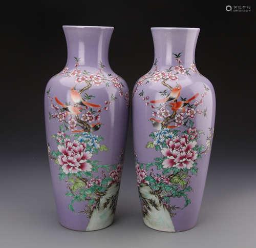 Pair of Chinese Violet Glazed Famille Rose Vase Painted with Flowers and Birds Marked 