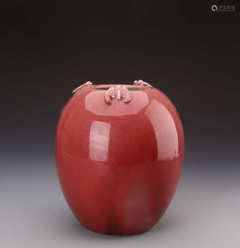 Chinese Copper Red Glazed Jar Carved with Bats Marked 