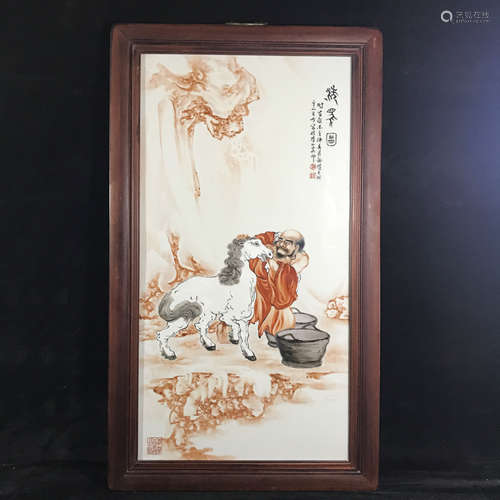 Chinese Iron Red Glazed Panel with Hardwood Frame Painted with Figures Marked 