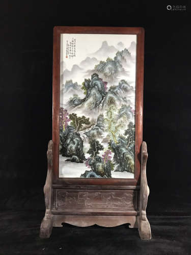 Chinese Famille Rose Table Screen Painted with Landscape Marked 
