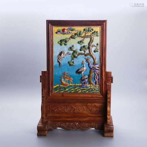 Chinese Qing Styled Cloisonn Enameled Table Screen with Wood Frame Painted with Deers, Crane and Pine Tree W:43cm H:65cm