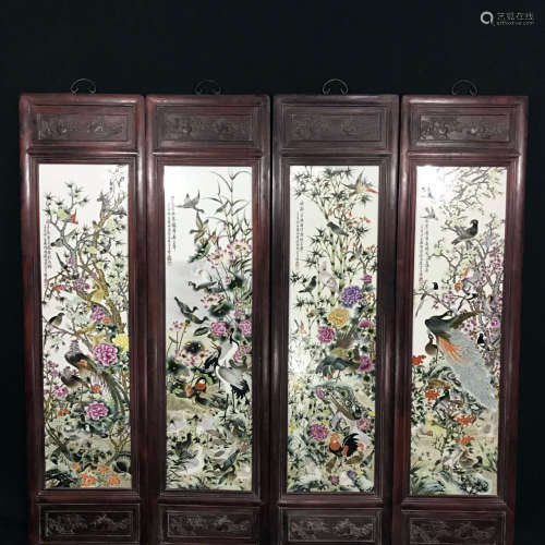 Set of Four Chinese Famille Rose Hanging Panels Painted with Hundred of Birds Marked 