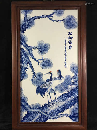 Chinese Blue and White Panel with Wood Frame Painted with Crane and Pine Tree Marked 