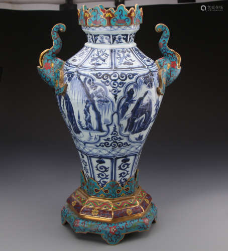 Chinese Yuan Styled Cloisonne Enameled Inlaid with Blue and White Vase Painted with Figures W:38cm H:58cm