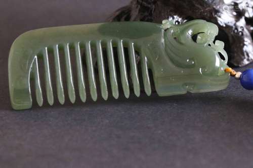 Spanich Green Jade Carved Comb with Phoenix(34g)L:8cm W:3cm