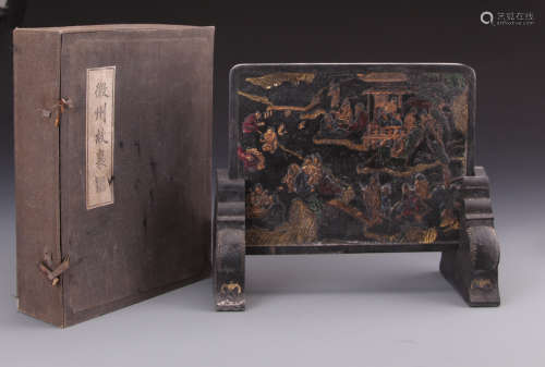 Chinese Qing Styled Table Screen Shaped Ink Painted with Figures and Landscape W:20cm H:29cm