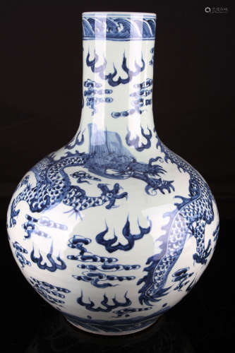 Chinese Qing Styled Blue and White Vase Painted with Dragons W:29cm H:40cm